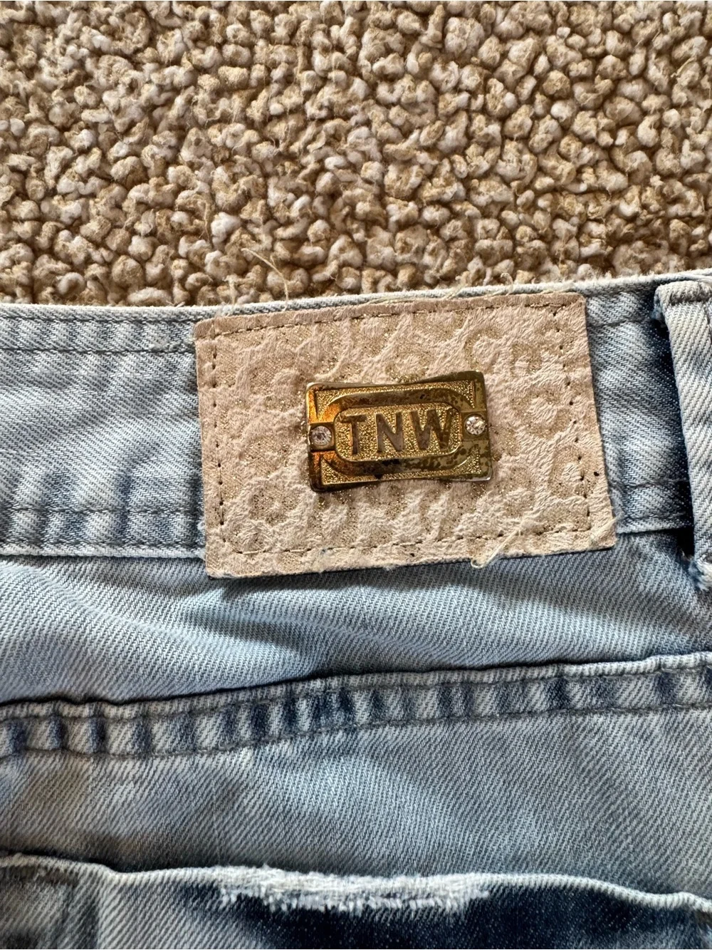TNW Distressed Denim Mini Skirt Size 42 Acid Wash Frayed Hem